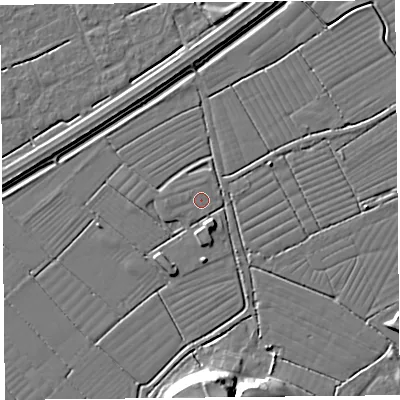 Shaded relief map of the ground around BS247NA, computed from Environment Agency LiDAR. The ground here sits at about 5 m above sea level and falls 15 m across the surrounding 800 m. The ground contributing surface water to this point lies to the west-north-west.