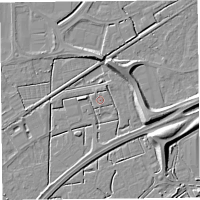 Shaded relief map of the ground around BS247NB, computed from Environment Agency LiDAR. The ground here sits at about 6 m above sea level and falls 10 m across the surrounding 800 m. Surface water reaching this point runs off ground lying to the east-south-east, 8.8 m higher.