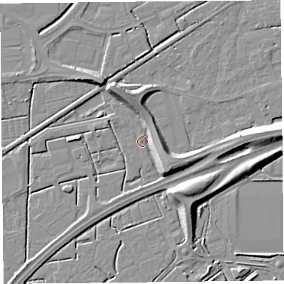 Shaded relief map of the ground around BS247ND, computed from Environment Agency LiDAR. The ground here sits at about 6 m above sea level and falls 10 m across the surrounding 800 m. Surface water reaching this point runs off ground lying to the east-south-east, 5.0 m higher.