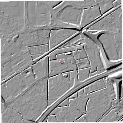 Shaded relief map of the ground around BS247NF, computed from Environment Agency LiDAR. The ground here sits at about 6 m above sea level and falls 10 m across the surrounding 800 m. Surface water reaching this point runs off ground lying to the north-east, 4.0 m higher.