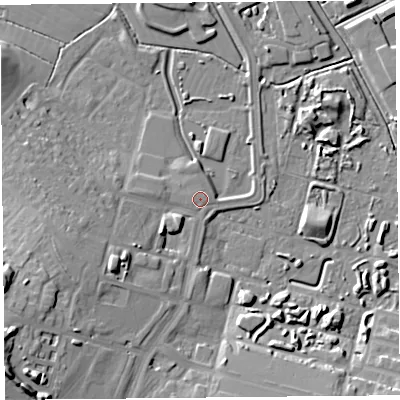 Shaded relief map of the ground around BS247NH, computed from Environment Agency LiDAR. The ground here sits at about 8 m above sea level and falls 20 m across the surrounding 800 m. Surface water reaching this point runs off ground lying to the south-west, 16.4 m higher.