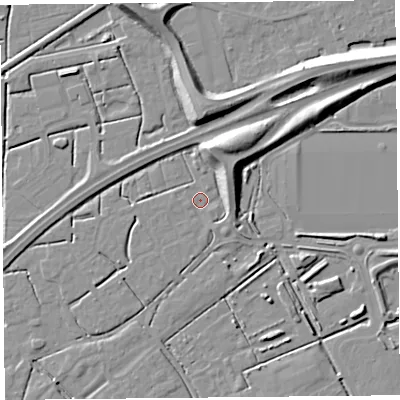 Shaded relief map of the ground around BS247NQ, computed from Environment Agency LiDAR. The ground here sits at about 6 m above sea level and falls 10 m across the surrounding 800 m. Surface water reaching this point runs off ground lying to the north, 8.3 m higher.