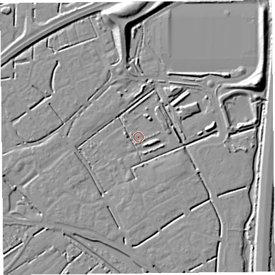 Shaded relief map of the ground around BS247PD, computed from Environment Agency LiDAR. The ground here sits at about 5 m above sea level and falls 11 m across the surrounding 800 m. Surface water reaching this point runs off ground lying to the east, 4.8 m higher.