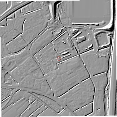 Shaded relief map of the ground around BS247PE, computed from Environment Agency LiDAR. The ground here sits at about 6 m above sea level and falls 11 m across the surrounding 800 m. Surface water reaching this point runs off ground lying to the east-north-east, 4.4 m higher.