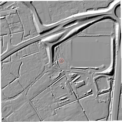 Shaded relief map of the ground around BS247PG, computed from Environment Agency LiDAR. The ground here sits at about 6 m above sea level and falls 11 m across the surrounding 800 m. Surface water reaching this point runs off ground lying to the west-south-west, 2.5 m higher.