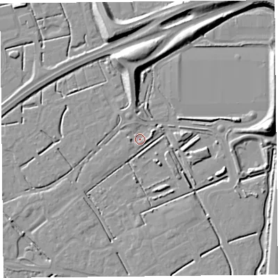 Shaded relief map of the ground around BS247PJ, computed from Environment Agency LiDAR. The ground here sits at about 5 m above sea level and falls 11 m across the surrounding 800 m. Surface water reaching this point runs off ground lying to the east-north-east, 4.1 m higher.