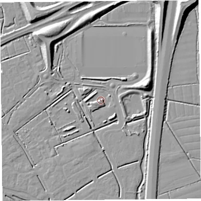 Shaded relief map of the ground around BS247PL, computed from Environment Agency LiDAR. The ground here sits at about 7 m above sea level and falls 11 m across the surrounding 800 m. Surface water reaching this point runs off ground lying to the south-south-west, 2.5 m higher.