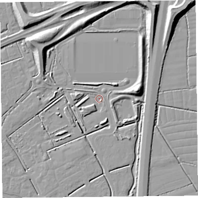 Shaded relief map of the ground around BS247PN, computed from Environment Agency LiDAR. The ground here sits at about 5 m above sea level and falls 11 m across the surrounding 800 m. Surface water reaching this point runs off ground lying to the west, 3.4 m higher.