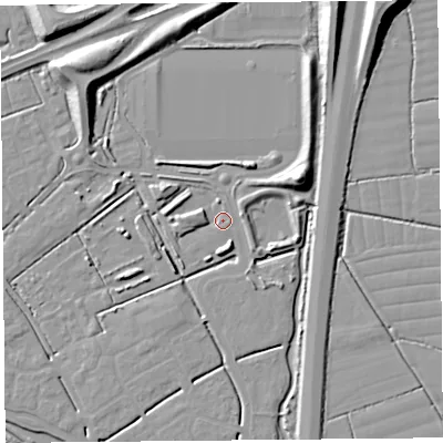 Shaded relief map of the ground around BS247PP, computed from Environment Agency LiDAR. The ground here sits at about 6 m above sea level and falls 11 m across the surrounding 800 m. Surface water reaching this point runs off ground lying to the west-north-west, 3.4 m higher.
