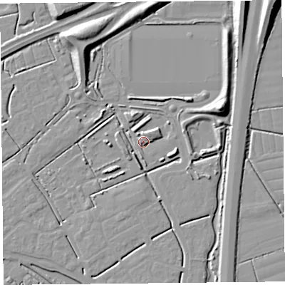 Shaded relief map of the ground around BS247PQ, computed from Environment Agency LiDAR. The ground here sits at about 7 m above sea level and falls 11 m across the surrounding 800 m. Surface water reaching this point runs off ground lying to the east-south-east, 4.4 m higher.