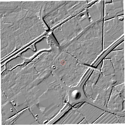 Shaded relief map of the ground around BS247RP, computed from Environment Agency LiDAR. The ground here sits at about 6 m above sea level and falls 9 m across the surrounding 800 m. Surface water reaching this point runs off ground lying to the south-west, 0.8 m higher.