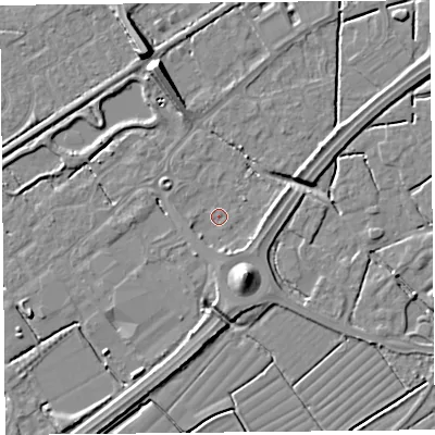 Shaded relief map of the ground around BS247RQ, computed from Environment Agency LiDAR. The ground here sits at about 6 m above sea level and falls 9 m across the surrounding 800 m. Surface water reaching this point runs off ground lying to the east, 3.4 m higher.