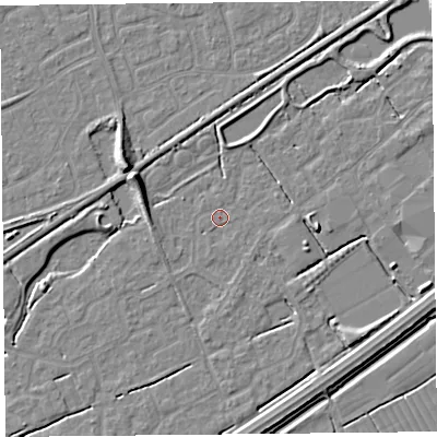Shaded relief map of the ground around BS247SB, computed from Environment Agency LiDAR. The ground here sits at about 5 m above sea level and falls 7 m across the surrounding 800 m. Surface water reaching this point runs off ground lying to the east-south-east, 0.8 m higher.