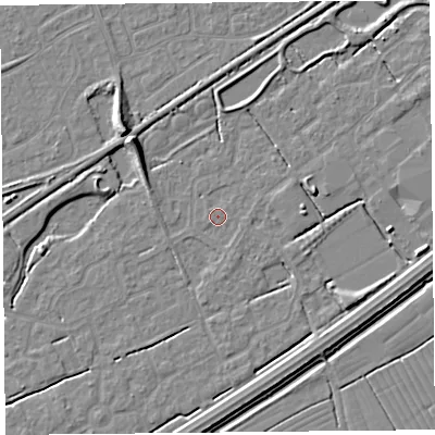Shaded relief map of the ground around BS247SS, computed from Environment Agency LiDAR. The ground here sits at about 5 m above sea level and falls 7 m across the surrounding 800 m. Surface water reaching this point runs off ground lying to the south-south-east, 0.8 m higher.
