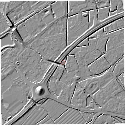 Shaded relief map of the ground around BS247TD, computed from Environment Agency LiDAR. The ground here sits at about 6 m above sea level and falls 9 m across the surrounding 800 m. Surface water reaching this point runs off ground lying to the south-west, 8.3 m higher.