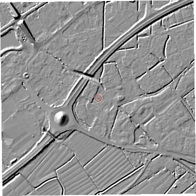 Shaded relief map of the ground around BS247TE, computed from Environment Agency LiDAR. The ground here sits at about 5 m above sea level and falls 9 m across the surrounding 800 m. Surface water reaching this point runs off ground lying to the south-west, 3.1 m higher.