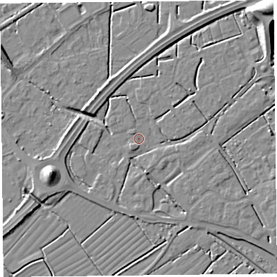 Shaded relief map of the ground around BS247TF, computed from Environment Agency LiDAR. The ground here sits at about 5 m above sea level and falls 10 m across the surrounding 800 m. Surface water reaching this point runs off ground lying to the north-east, 8.2 m higher.