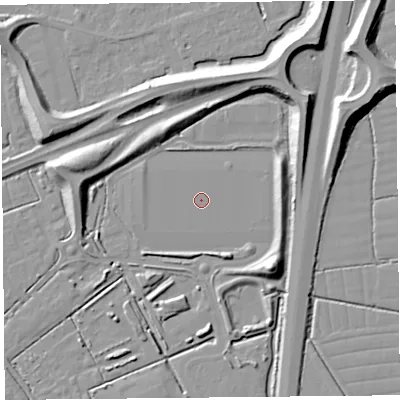 Shaded relief map of the ground around BS247TG, computed from Environment Agency LiDAR. The ground here sits at about 5 m above sea level and falls 11 m across the surrounding 800 m. The ground contributing surface water to this point lies to the north-north-west.