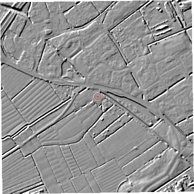 Shaded relief map of the ground around BS247TH, computed from Environment Agency LiDAR. The ground here sits at about 6 m above sea level and falls 5 m across the surrounding 800 m. Surface water reaching this point runs off ground lying to the north-west, 2.6 m higher.