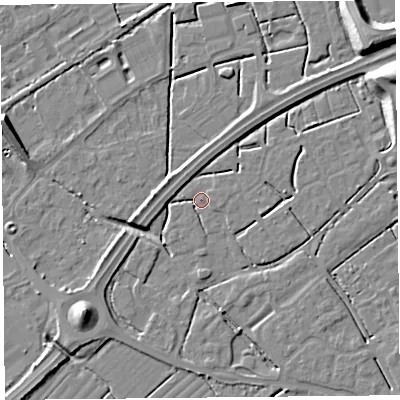 Shaded relief map of the ground around BS247TJ, computed from Environment Agency LiDAR. The ground here sits at about 6 m above sea level and falls 11 m across the surrounding 800 m. Surface water reaching this point runs off ground lying to the east-north-east, 1.9 m higher.