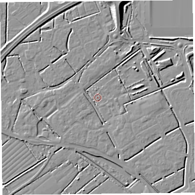 Shaded relief map of the ground around BS247TL, computed from Environment Agency LiDAR. The ground here sits at about 5 m above sea level and falls 9 m across the surrounding 800 m. Surface water reaching this point runs off ground lying to the east-north-east, 4.8 m higher.