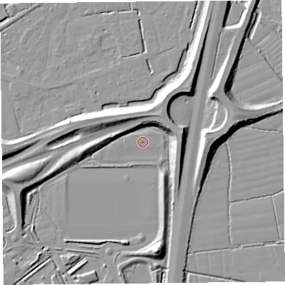 Shaded relief map of the ground around BS247TN, computed from Environment Agency LiDAR. The ground here sits at about 6 m above sea level and falls 11 m across the surrounding 800 m. Surface water reaching this point runs off ground lying to the east-north-east, 9.2 m higher.