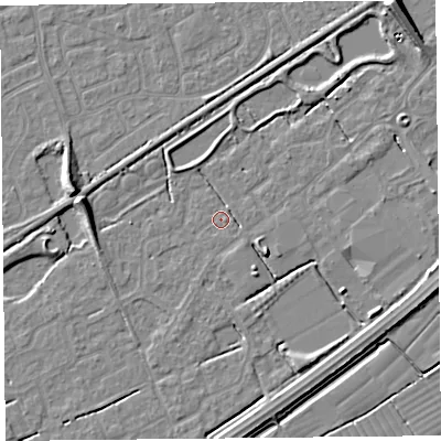 Shaded relief map of the ground around BS247WE, computed from Environment Agency LiDAR. The ground here sits at about 5 m above sea level and falls 9 m across the surrounding 800 m. Surface water reaching this point runs off ground lying to the south-south-east, 2.0 m higher.
