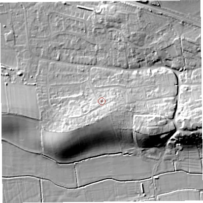 Shaded relief map of the ground around BS248AG, computed from Environment Agency LiDAR. The ground here sits at about 12 m above sea level and falls 17 m across the surrounding 800 m. Surface water reaching this point runs off ground lying to the south-south-west, 6.5 m higher.
