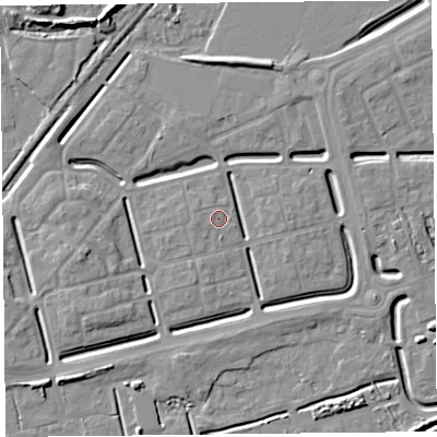 Shaded relief map of the ground around BS248AS, computed from Environment Agency LiDAR. The ground here sits at about 6 m above sea level and falls 8 m across the surrounding 800 m. Surface water reaching this point runs off ground lying to the west-south-west, 1.0 m higher.