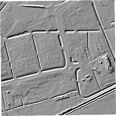 Shaded relief map of the ground around BS248AT, computed from Environment Agency LiDAR. The ground here sits at about 6 m above sea level and falls 7 m across the surrounding 800 m. Surface water reaching this point runs off ground lying to the east-north-east, 3.9 m higher.