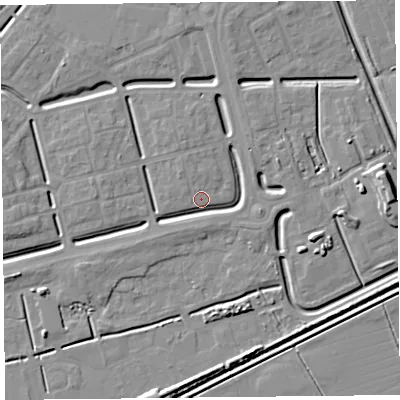 Shaded relief map of the ground around BS248AU, computed from Environment Agency LiDAR. The ground here sits at about 6 m above sea level and falls 7 m across the surrounding 800 m. Surface water reaching this point runs off ground lying to the east-north-east, 3.9 m higher.