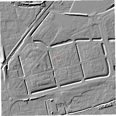 Shaded relief map of the ground around BS248AW, computed from Environment Agency LiDAR. The ground here sits at about 6 m above sea level and falls 8 m across the surrounding 800 m. Surface water reaching this point runs off ground lying to the east, 0.8 m higher.
