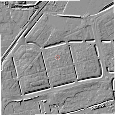 Shaded relief map of the ground around BS248AX, computed from Environment Agency LiDAR. The ground here sits at about 6 m above sea level and falls 8 m across the surrounding 800 m. The ground contributing surface water to this point lies to the south-east.