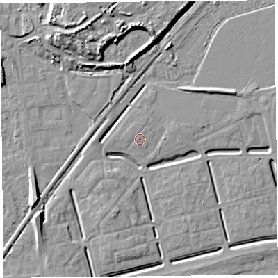 Shaded relief map of the ground around BS248BL, computed from Environment Agency LiDAR. The ground here sits at about 6 m above sea level and falls 12 m across the surrounding 800 m. Surface water reaching this point runs off ground lying to the north-west, 0.6 m higher.