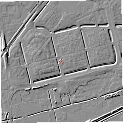 Shaded relief map of the ground around BS248BN, computed from Environment Agency LiDAR. The ground here sits at about 6 m above sea level and falls 8 m across the surrounding 800 m. Surface water reaching this point runs off ground lying to the west, 3.9 m higher.