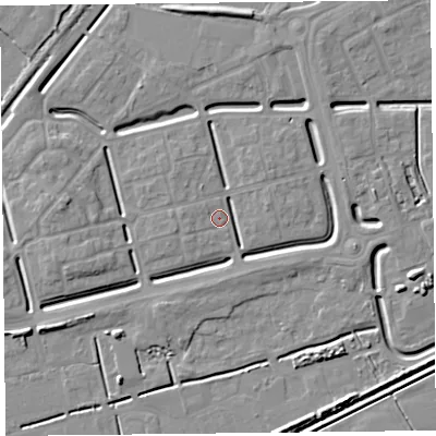 Shaded relief map of the ground around BS248BU, computed from Environment Agency LiDAR. The ground here sits at about 6 m above sea level and falls 5 m across the surrounding 800 m. Surface water reaching this point runs off ground lying to the east, 3.9 m higher.