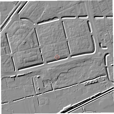 Shaded relief map of the ground around BS248BW, computed from Environment Agency LiDAR. The ground here sits at about 6 m above sea level and falls 5 m across the surrounding 800 m. Surface water reaching this point runs off ground lying to the west-south-west, 4.1 m higher.