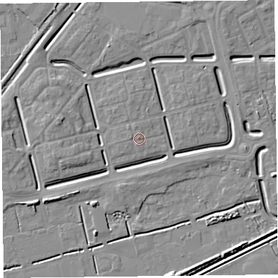 Shaded relief map of the ground around BS248BX, computed from Environment Agency LiDAR. The ground here sits at about 6 m above sea level and falls 5 m across the surrounding 800 m. Surface water reaching this point runs off ground lying to the west, 0.7 m higher.