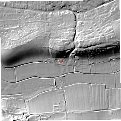 Shaded relief map of the ground around BS248BZ, computed from Environment Agency LiDAR. The ground here sits at about 7 m above sea level and falls 28 m across the surrounding 800 m. Surface water reaching this point runs off ground lying to the north, 13.2 m higher.