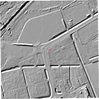 Shaded relief map of the ground around BS248DH, computed from Environment Agency LiDAR. The ground here sits at about 7 m above sea level and falls 11 m across the surrounding 800 m. The ground contributing surface water to this point lies to the east-north-east.