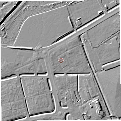 Shaded relief map of the ground around BS248DJ, computed from Environment Agency LiDAR. The ground here sits at about 6 m above sea level and falls 9 m across the surrounding 800 m. Surface water reaching this point runs off ground lying to the north-west, 1.3 m higher.