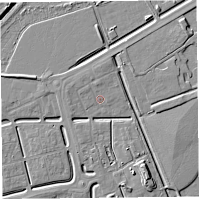 Shaded relief map of the ground around BS248DL, computed from Environment Agency LiDAR. The ground here sits at about 6 m above sea level and falls 9 m across the surrounding 800 m. Surface water reaching this point runs off ground lying to the north-north-west, 1.6 m higher.