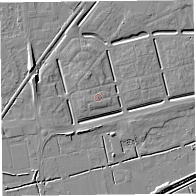 Shaded relief map of the ground around BS248DT, computed from Environment Agency LiDAR. The ground here sits at about 8 m above sea level and falls 8 m across the surrounding 800 m. Surface water reaching this point runs off ground lying to the north-west, 0.8 m higher.