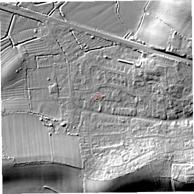 Shaded relief map of the ground around BS248DY, computed from Environment Agency LiDAR. The ground here sits at about 6 m above sea level and falls 16 m across the surrounding 800 m. Surface water reaching this point runs off ground lying to the south-east, 13.9 m higher.