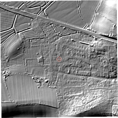Shaded relief map of the ground around BS248DZ, computed from Environment Agency LiDAR. The ground here sits at about 6 m above sea level and falls 14 m across the surrounding 800 m. Surface water reaching this point runs off ground lying to the south-east, 12.5 m higher.