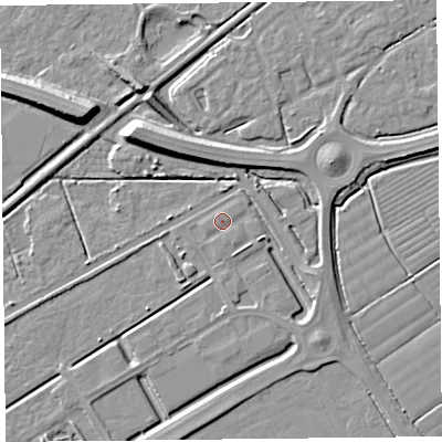 Shaded relief map of the ground around BS248EF, computed from Environment Agency LiDAR. The ground here sits at about 6 m above sea level and falls 9 m across the surrounding 800 m. Surface water reaching this point runs off ground lying to the east-south-east, 1.4 m higher.