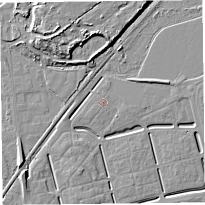 Shaded relief map of the ground around BS248EG, computed from Environment Agency LiDAR. The ground here sits at about 6 m above sea level and falls 12 m across the surrounding 800 m. The ground contributing surface water to this point lies to the south-west.