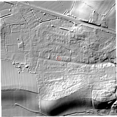 Shaded relief map of the ground around BS248EH, computed from Environment Agency LiDAR. The ground here sits at about 6 m above sea level and falls 16 m across the surrounding 800 m. Surface water reaching this point runs off ground lying to the south-east, 13.6 m higher.