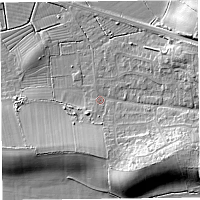 Shaded relief map of the ground around BS248EJ, computed from Environment Agency LiDAR. The ground here sits at about 6 m above sea level and falls 14 m across the surrounding 800 m. Surface water reaching this point runs off ground lying to the south-east, 11.8 m higher.
