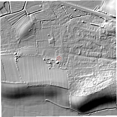 Shaded relief map of the ground around BS248EN, computed from Environment Agency LiDAR. The ground here sits at about 7 m above sea level and falls 14 m across the surrounding 800 m. Surface water reaching this point runs off ground lying to the south, 7.2 m higher.